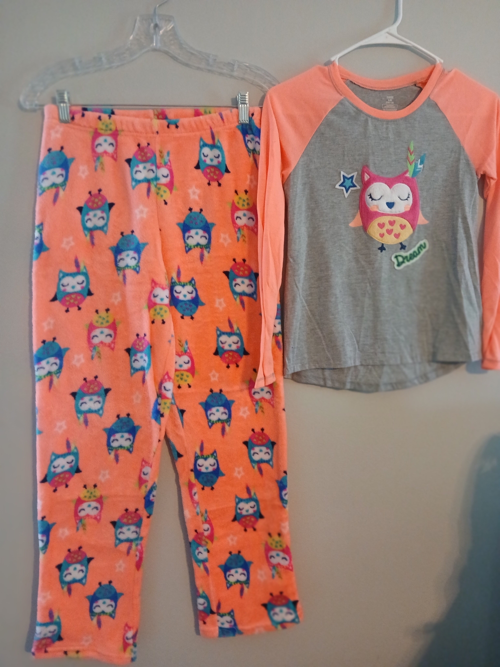 Girls Coral and Gray Owl Two-Piece Pajama Set